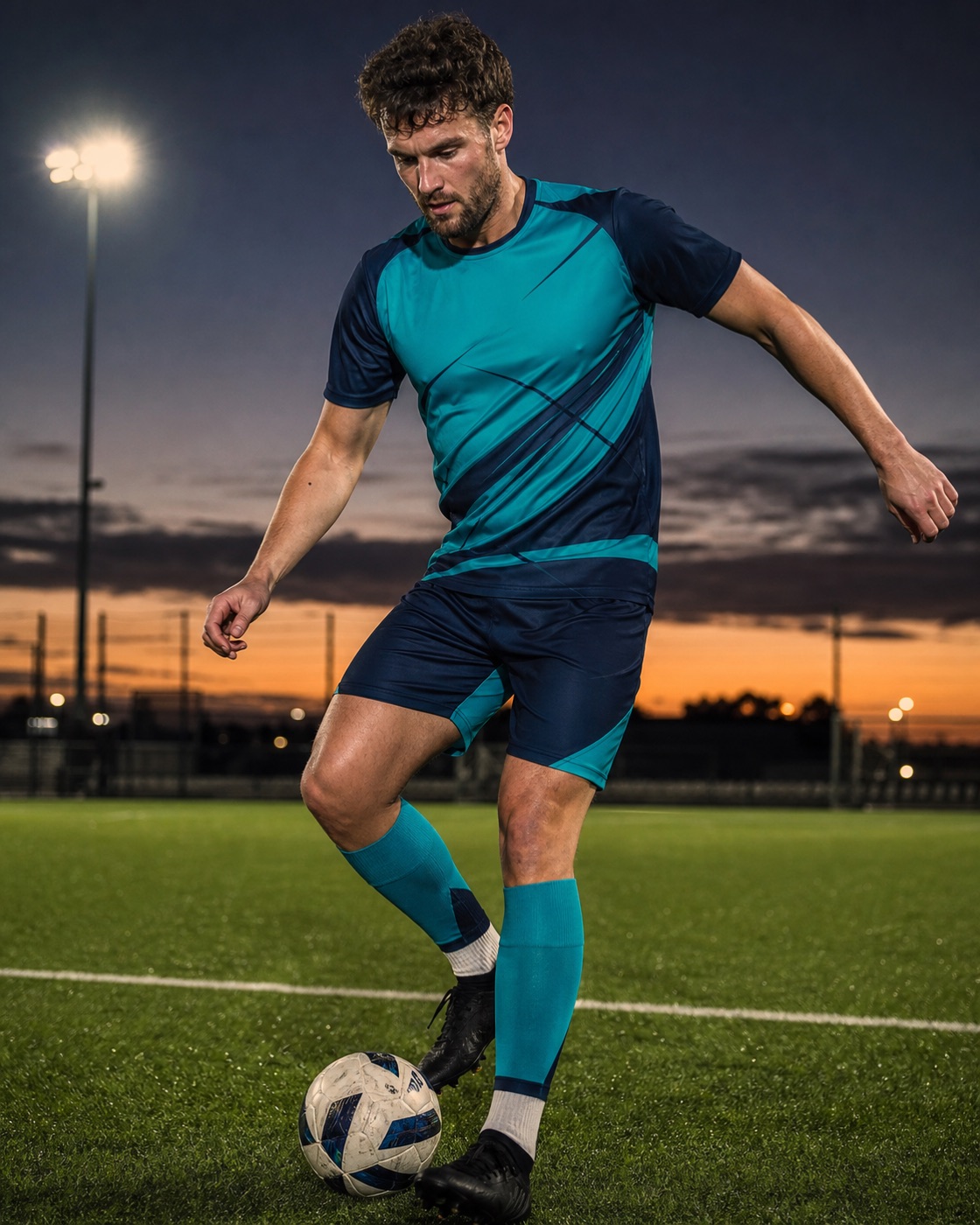 Teal and navy custom away football kit in action