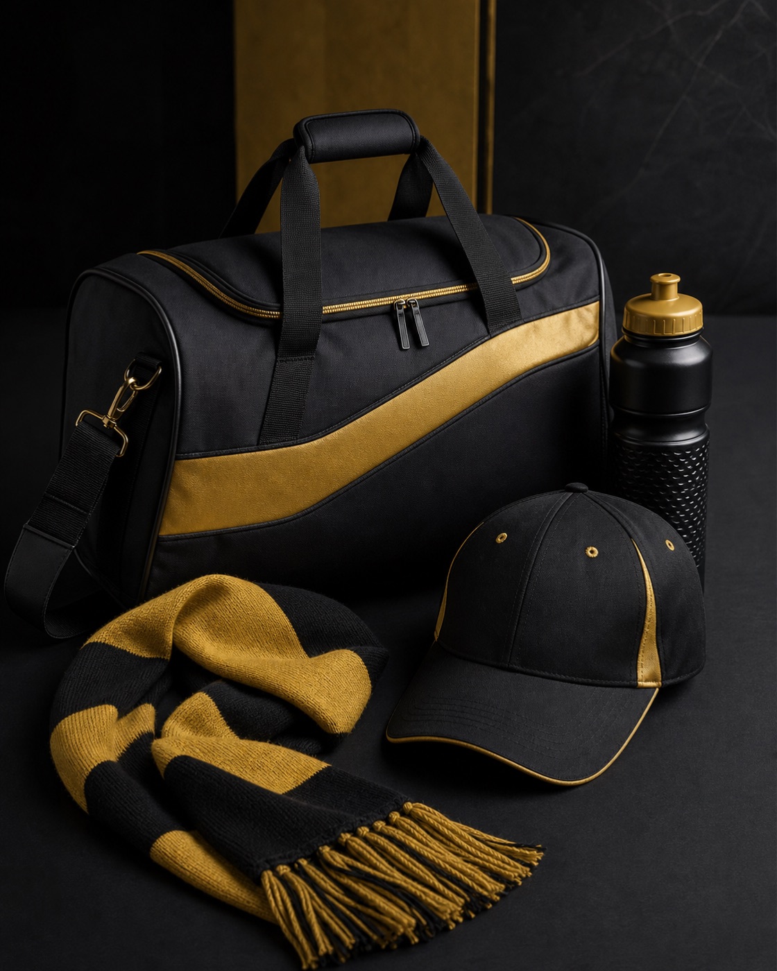 Custom black and gold team bag, cap, scarf and bottle collection